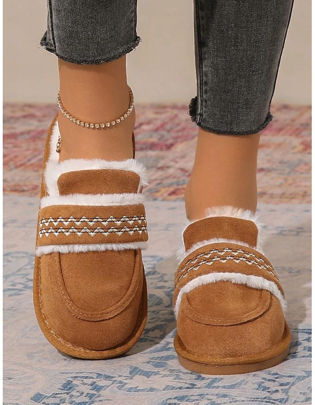 Chestnut Suede Wavy Striped Plush Lined Slippers (Run Small Size Up)