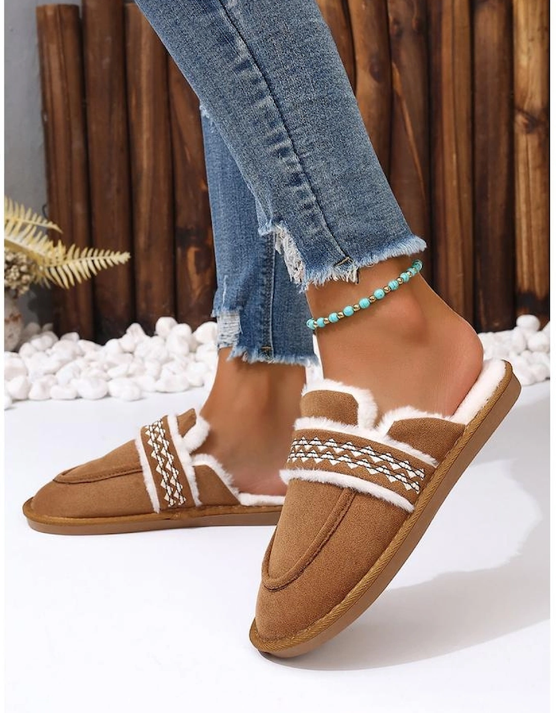 Chestnut Suede Wavy Striped Plush Lined Slippers (Run Small Size Up)