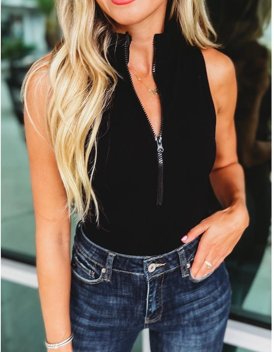 Black Zip up Mock Neck Ribbed Sleeveless Bodysuit, 12 of 11