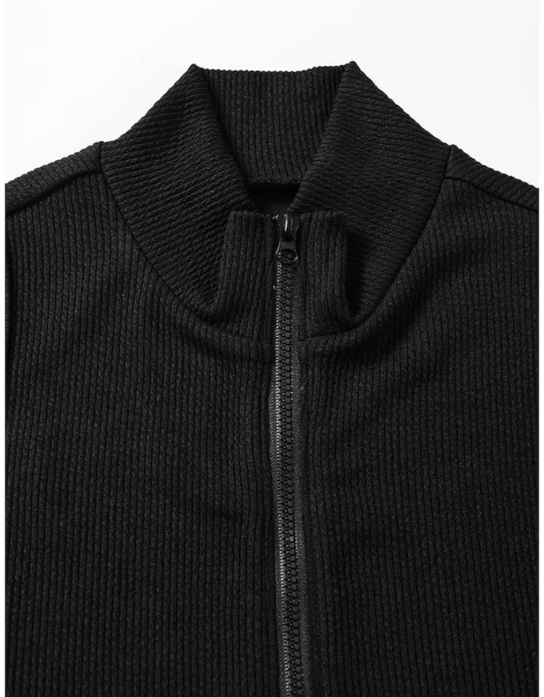 Black Zip up Mock Neck Ribbed Sleeveless Bodysuit