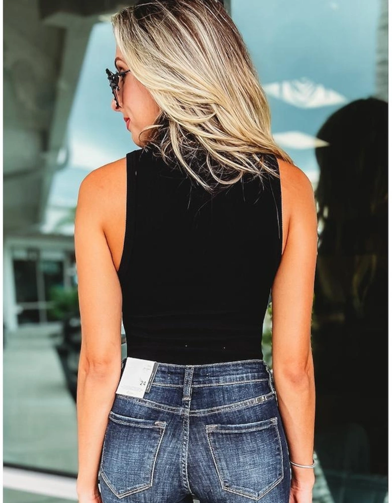 Black Zip up Mock Neck Ribbed Sleeveless Bodysuit