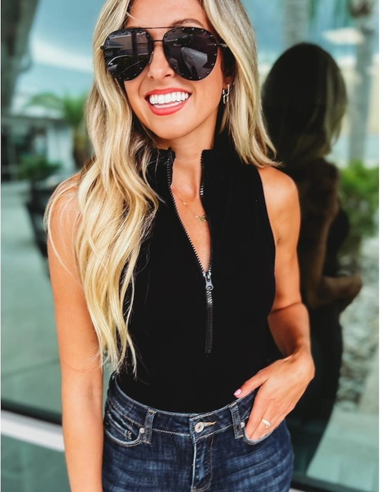 Black Zip up Mock Neck Ribbed Sleeveless Bodysuit