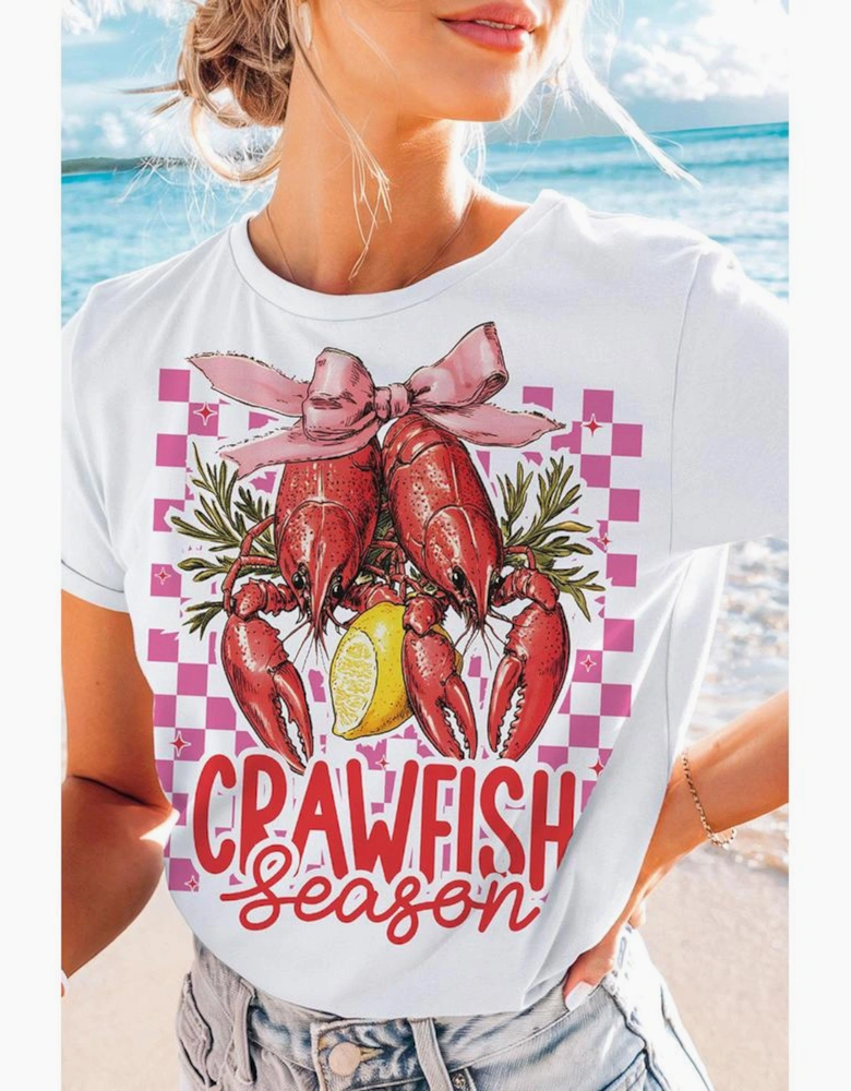 White Checkerboard Bow Crawfish Season Printed Crewneck T Shirt