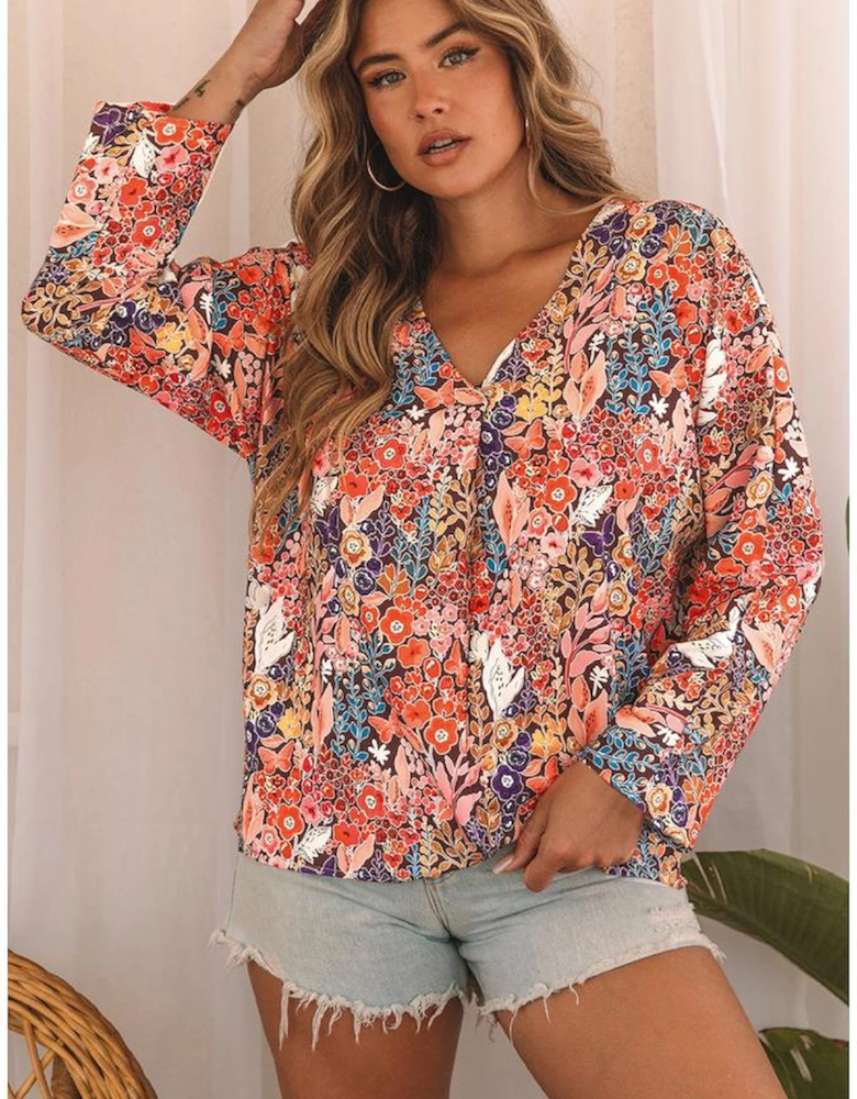 Multicolor Boho Floral Long Sleeve V-Neck Blouse