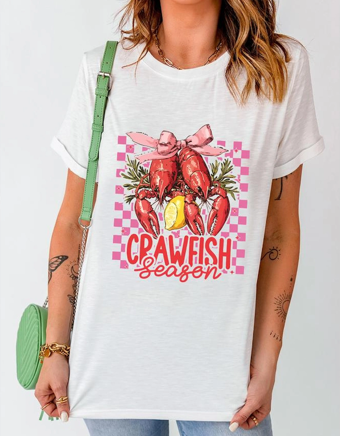 White Checkerboard Bow Crawfish Season Printed Crewneck T Shirt