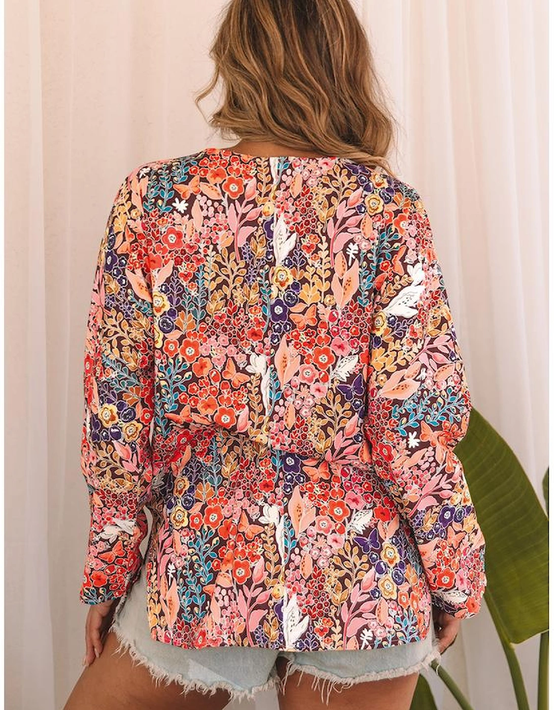 Multicolor Boho Floral Long Sleeve V-Neck Blouse
