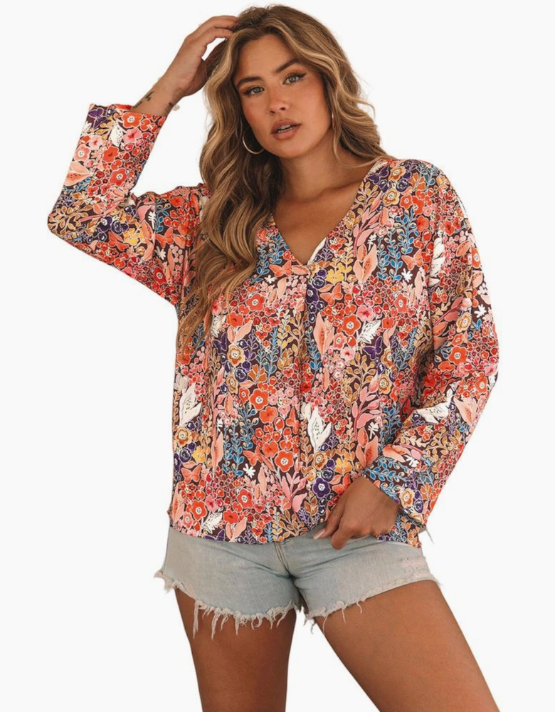 Multicolor Boho Floral Long Sleeve V-Neck Blouse