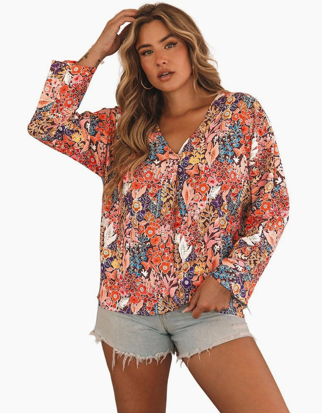 Multicolor Boho Floral Long Sleeve V-Neck Blouse