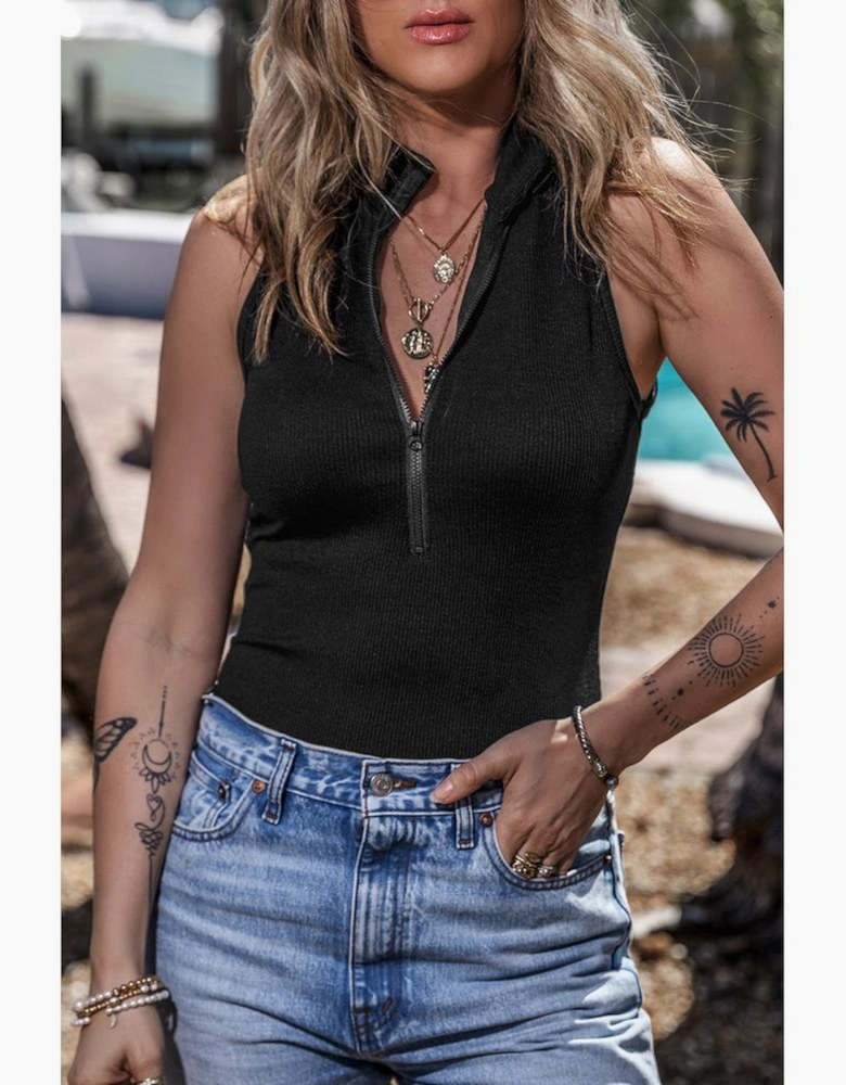 Black Zip up Mock Neck Ribbed Sleeveless Bodysuit