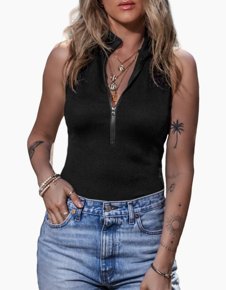 Black Zip up Mock Neck Ribbed Sleeveless Bodysuit