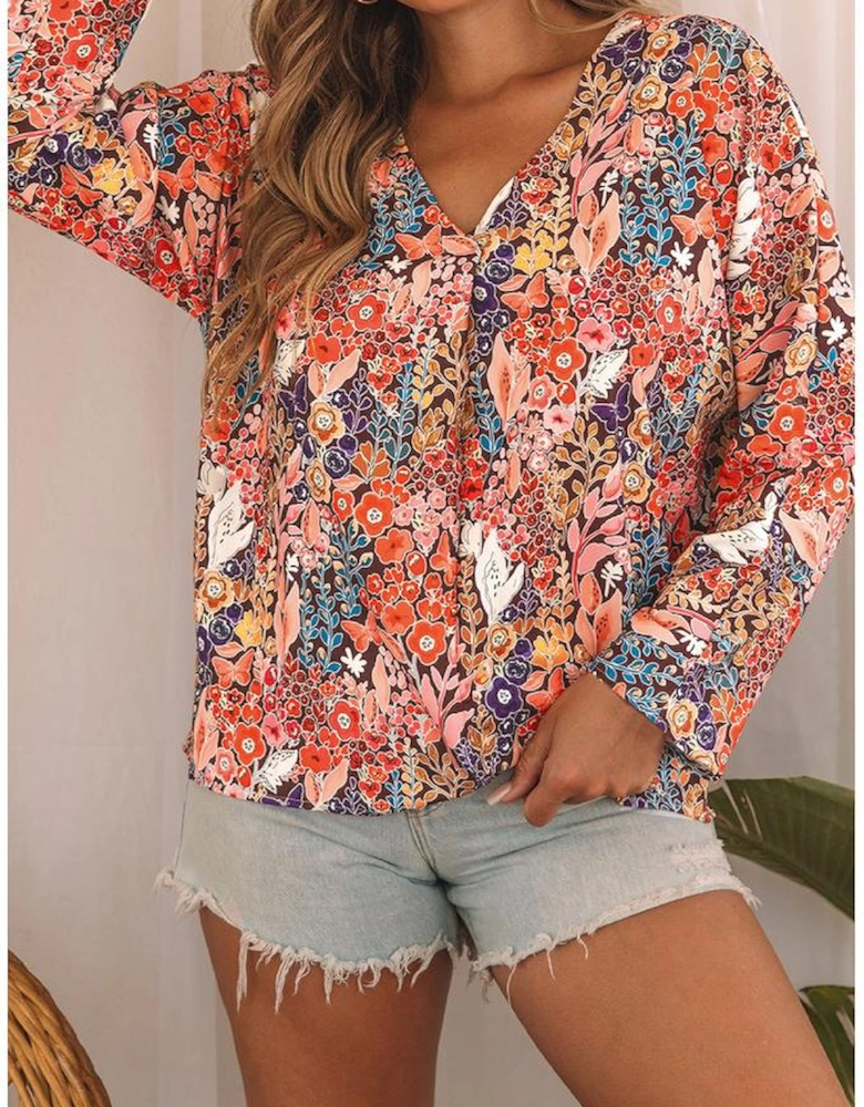 Multicolor Boho Floral Long Sleeve V-Neck Blouse