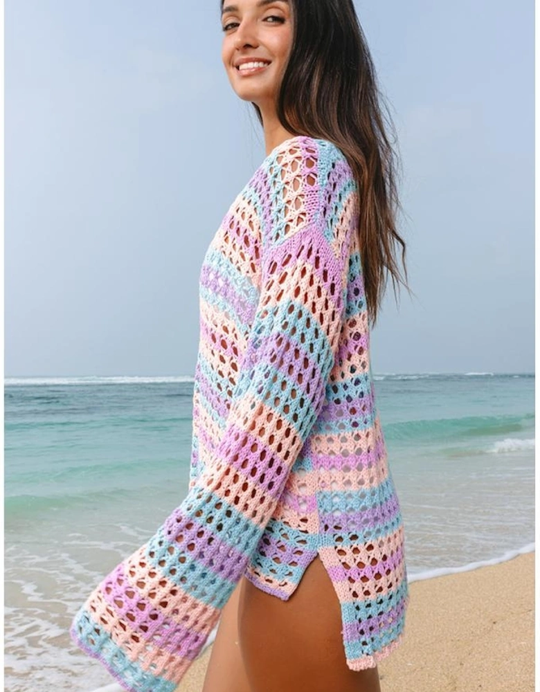 Purple Multi Stripe Open Knit Sweater Beach Cover Up