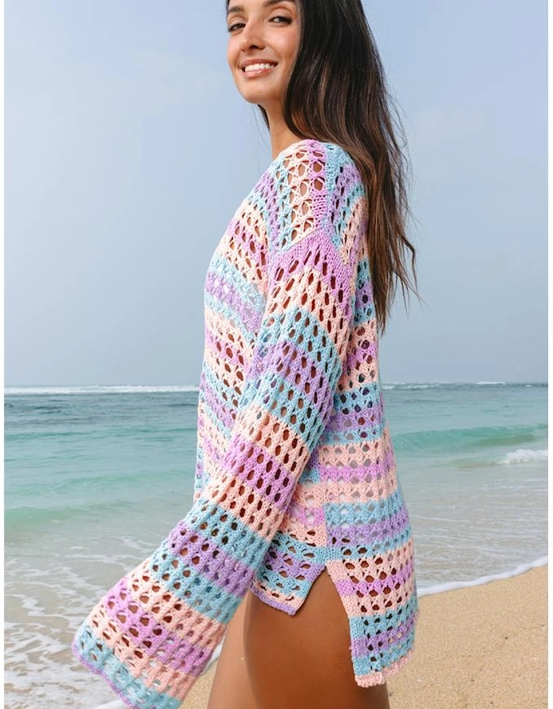 Purple Multi Stripe Open Knit Sweater Beach Cover Up