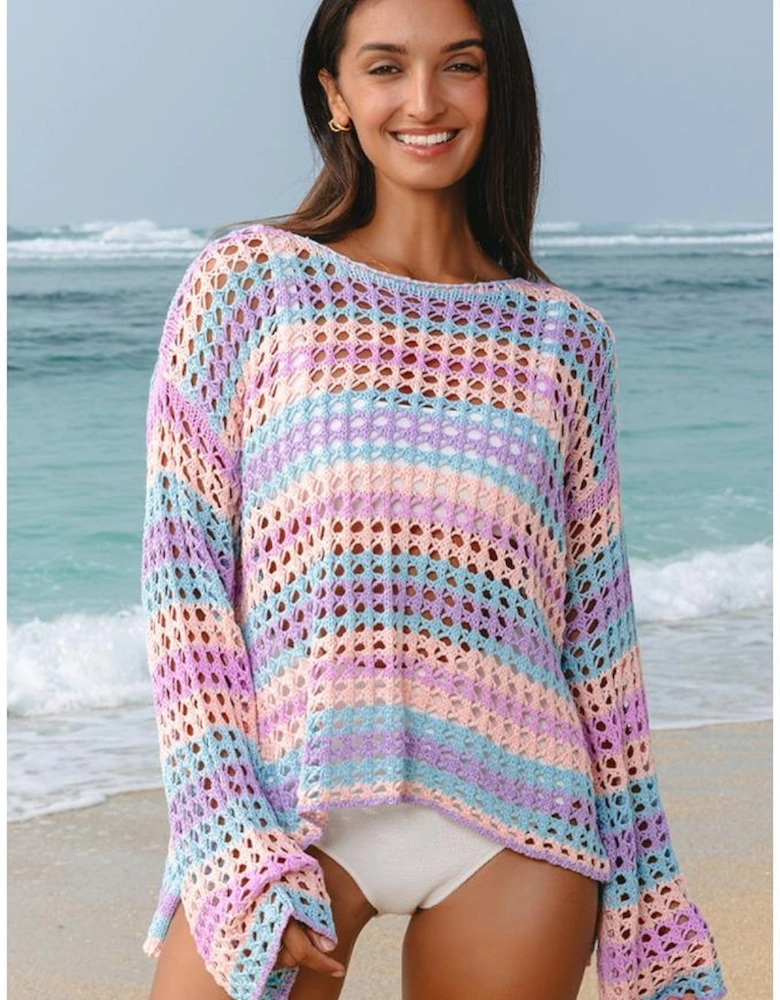 Purple Multi Stripe Open Knit Sweater Beach Cover Up