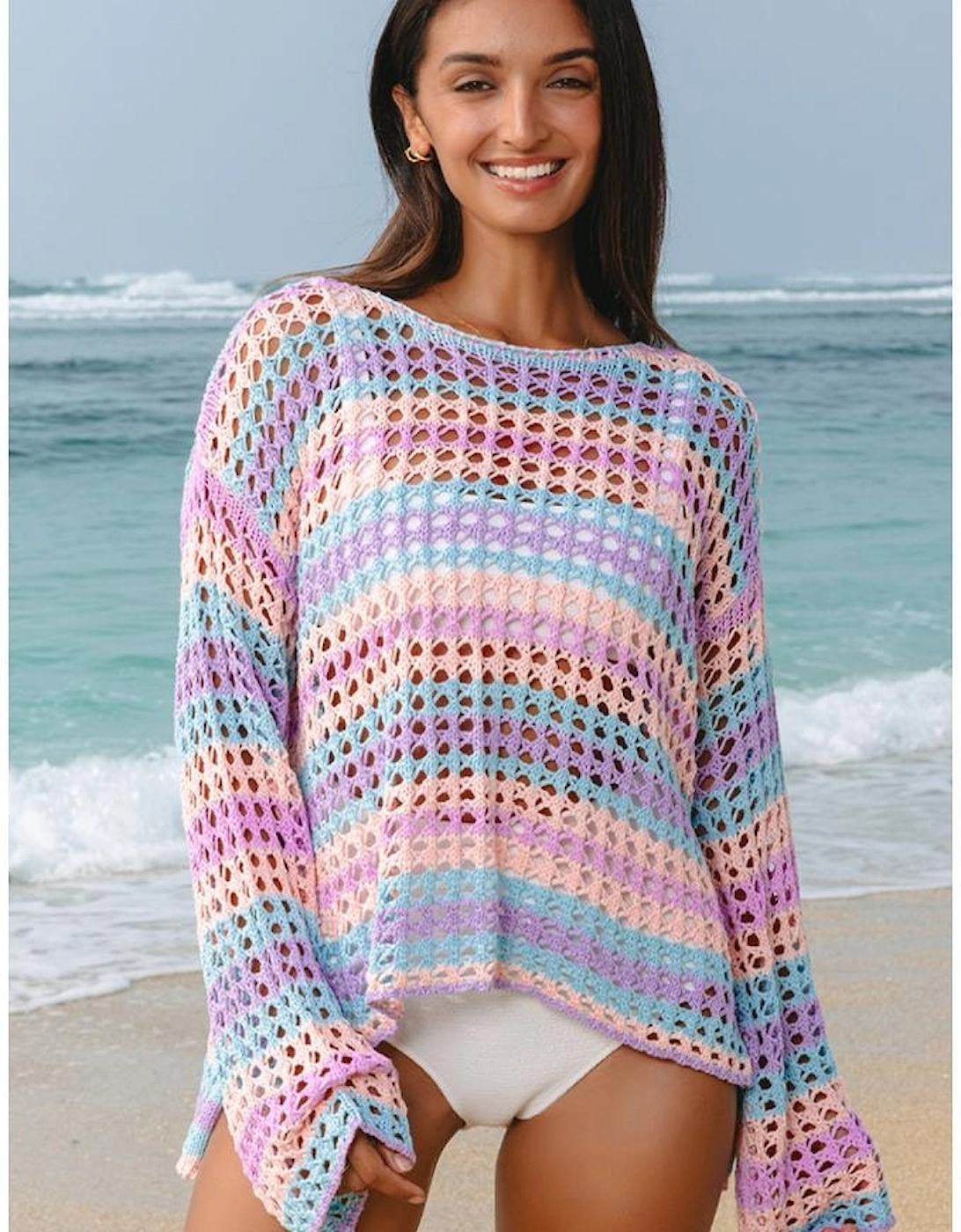 Purple Multi Stripe Open Knit Sweater Beach Cover Up