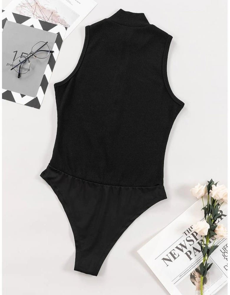 Black Zip up Mock Neck Ribbed Sleeveless Bodysuit