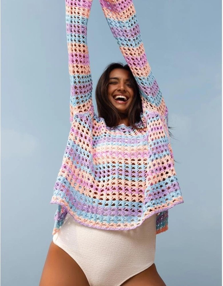 Purple Multi Stripe Open Knit Sweater Beach Cover Up