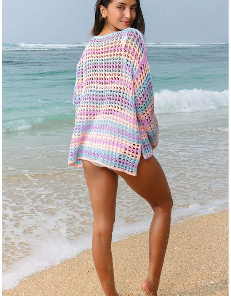 Purple Multi Stripe Open Knit Sweater Beach Cover Up