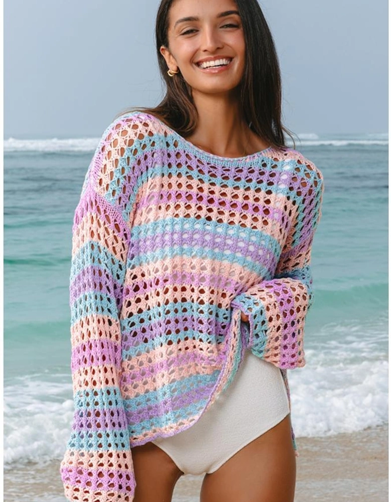 Purple Multi Stripe Open Knit Sweater Beach Cover Up