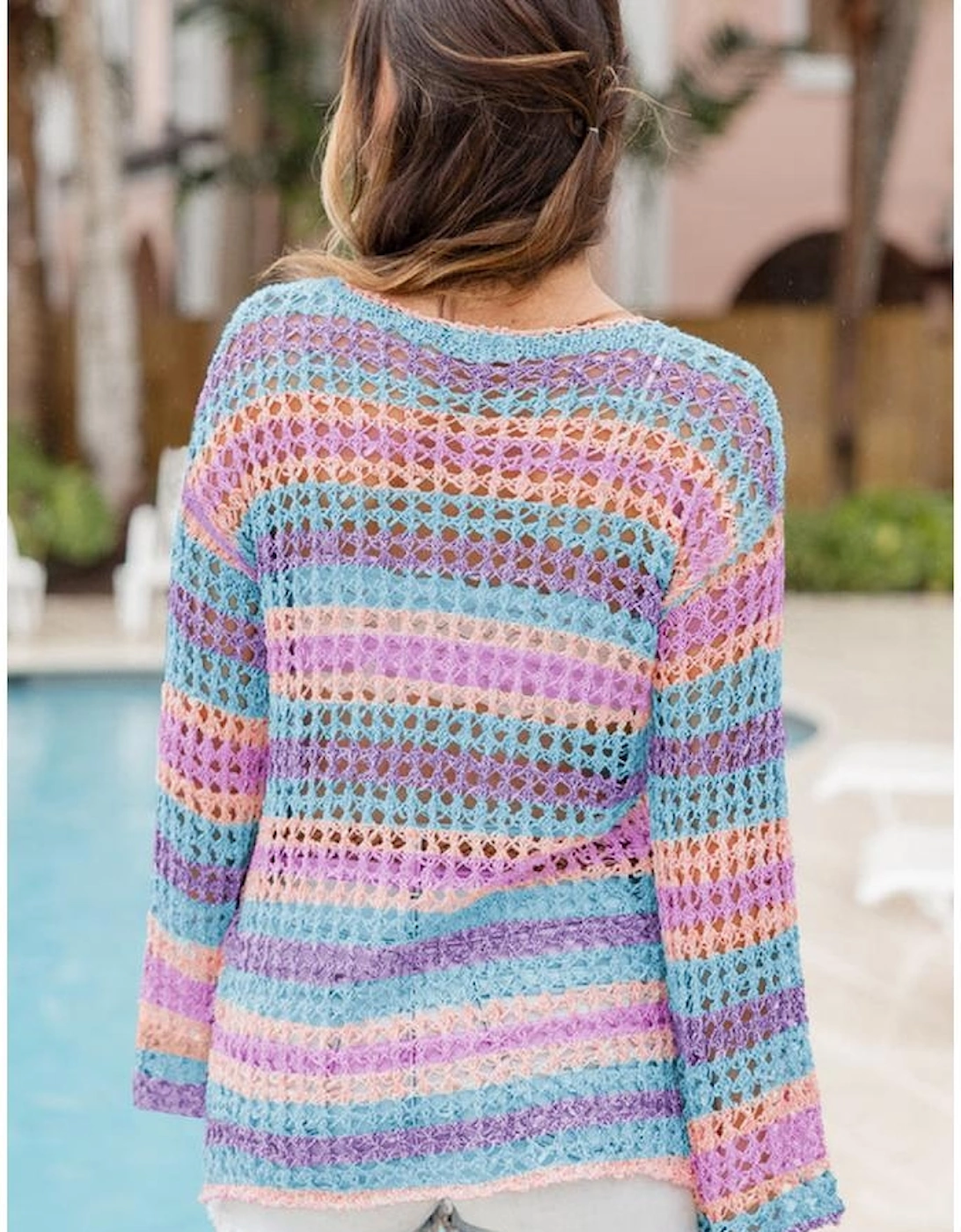 Purple Multi Stripe Open Knit Sweater Beach Cover Up