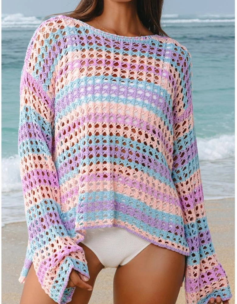 Purple Multi Stripe Open Knit Sweater Beach Cover Up