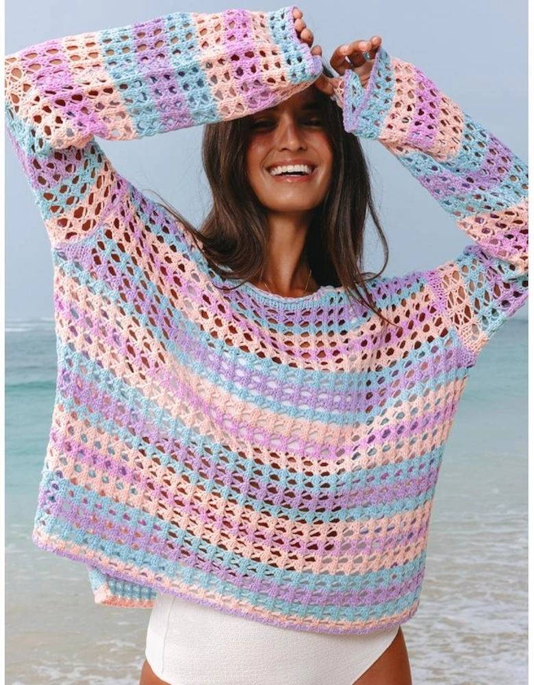 Purple Multi Stripe Open Knit Sweater Beach Cover Up