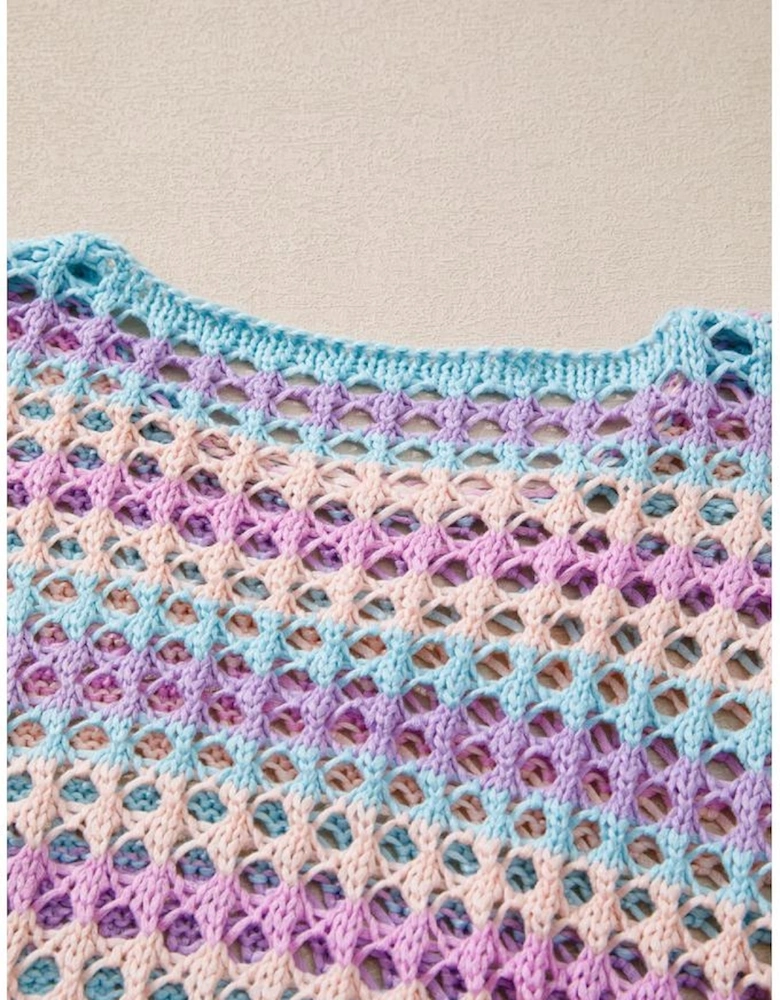 Purple Multi Stripe Open Knit Sweater Beach Cover Up