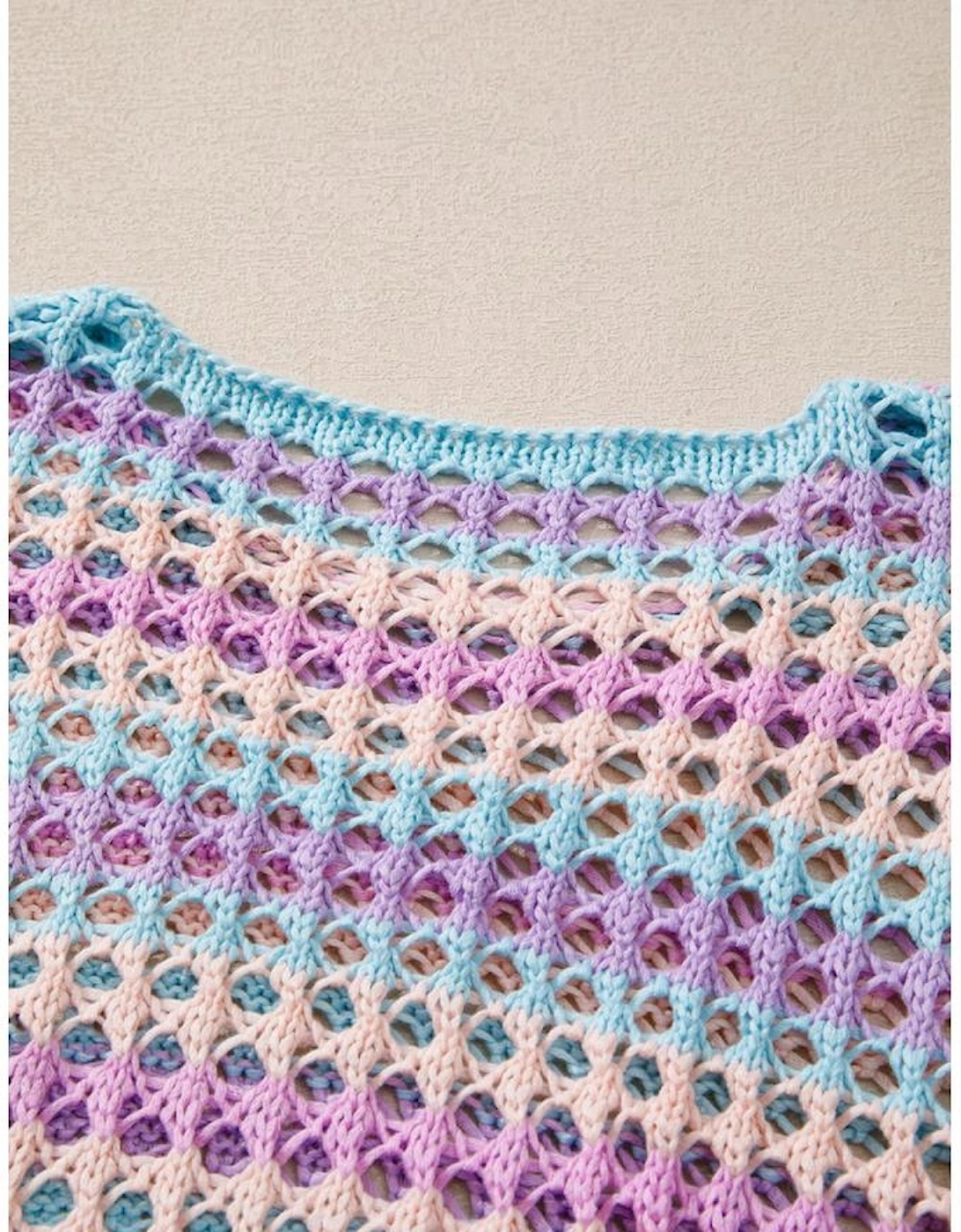 Purple Multi Stripe Open Knit Sweater Beach Cover Up
