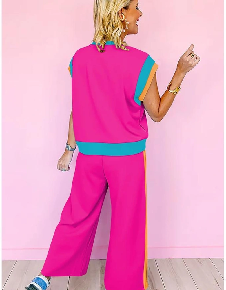 Strawberry Pink Color Block Detail Casual Two-piece Set