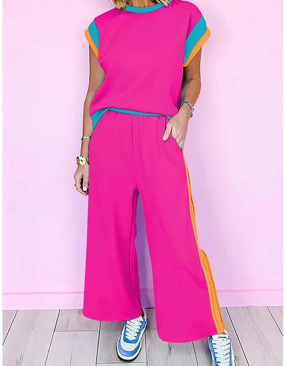 Strawberry Pink Color Block Detail Casual Two-piece Set
