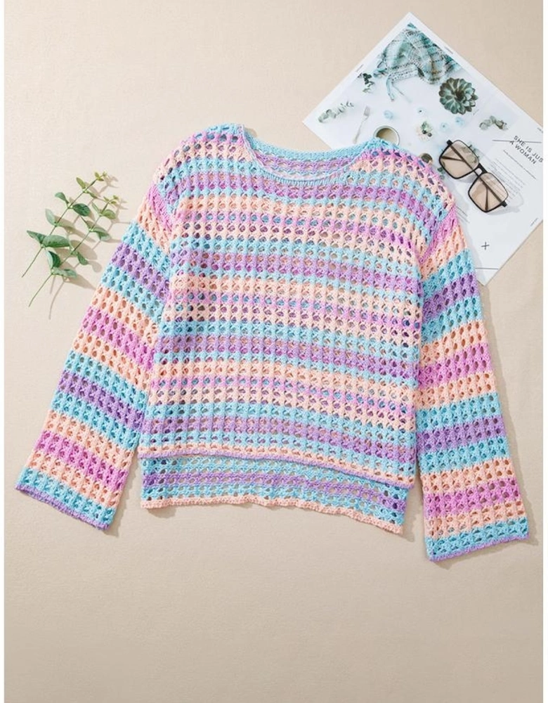 Purple Multi Stripe Open Knit Sweater Beach Cover Up