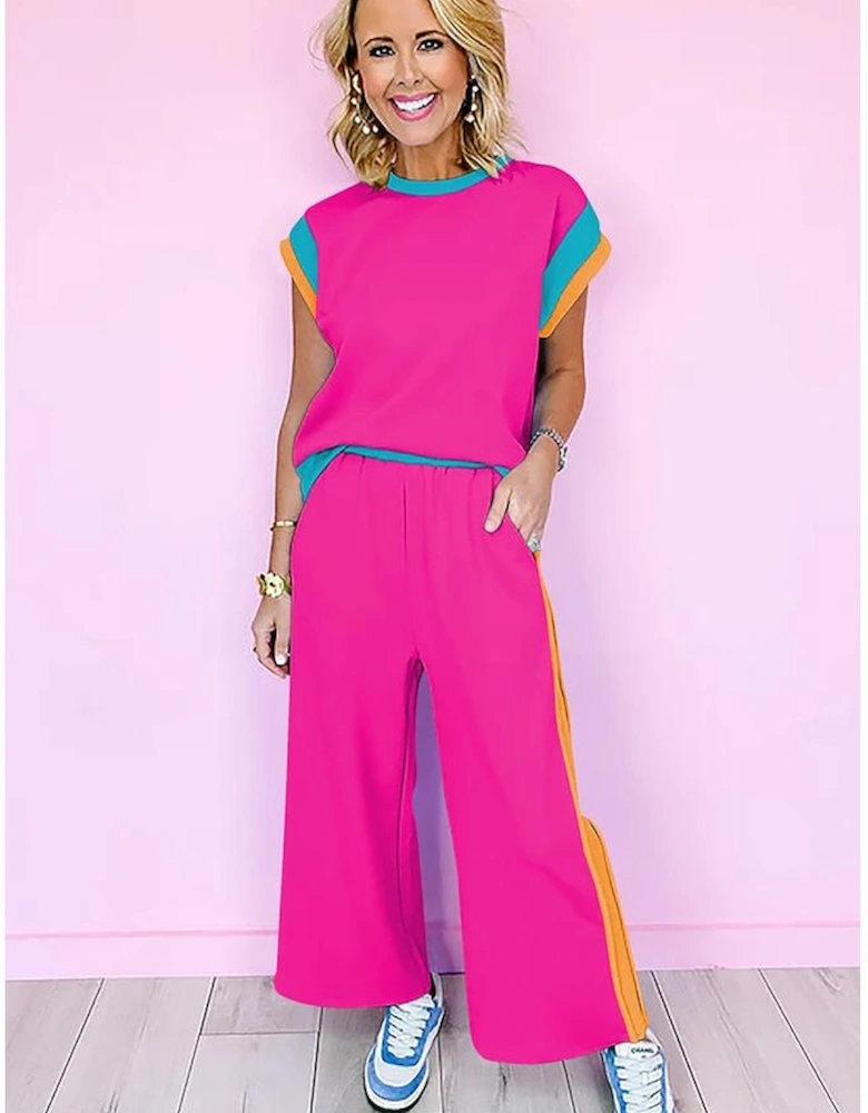 Strawberry Pink Color Block Detail Casual Two-piece Set