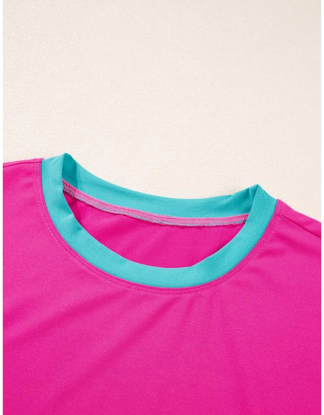 Strawberry Pink Color Block Detail Casual Two-piece Set