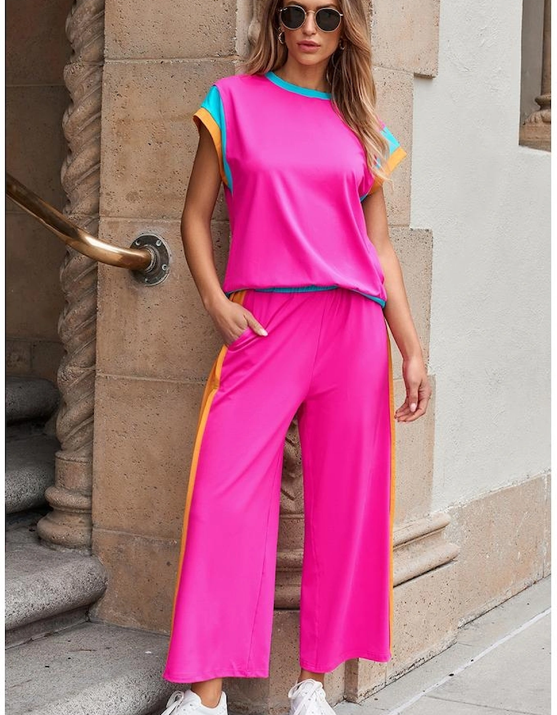 Strawberry Pink Color Block Detail Casual Two-piece Set