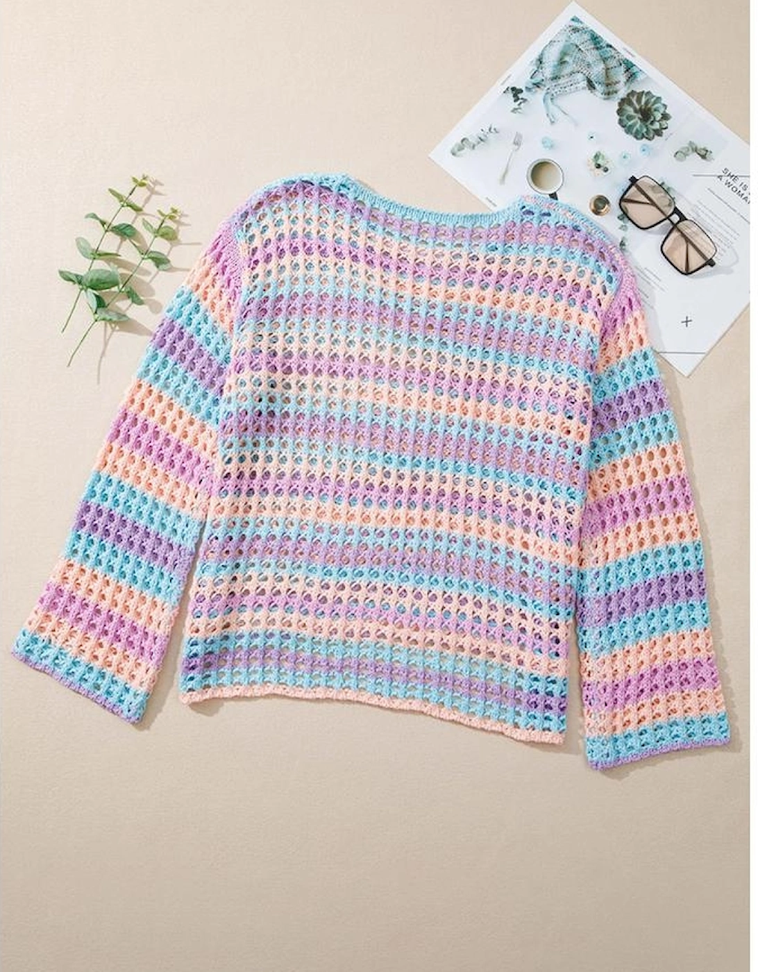 Purple Multi Stripe Open Knit Sweater Beach Cover Up