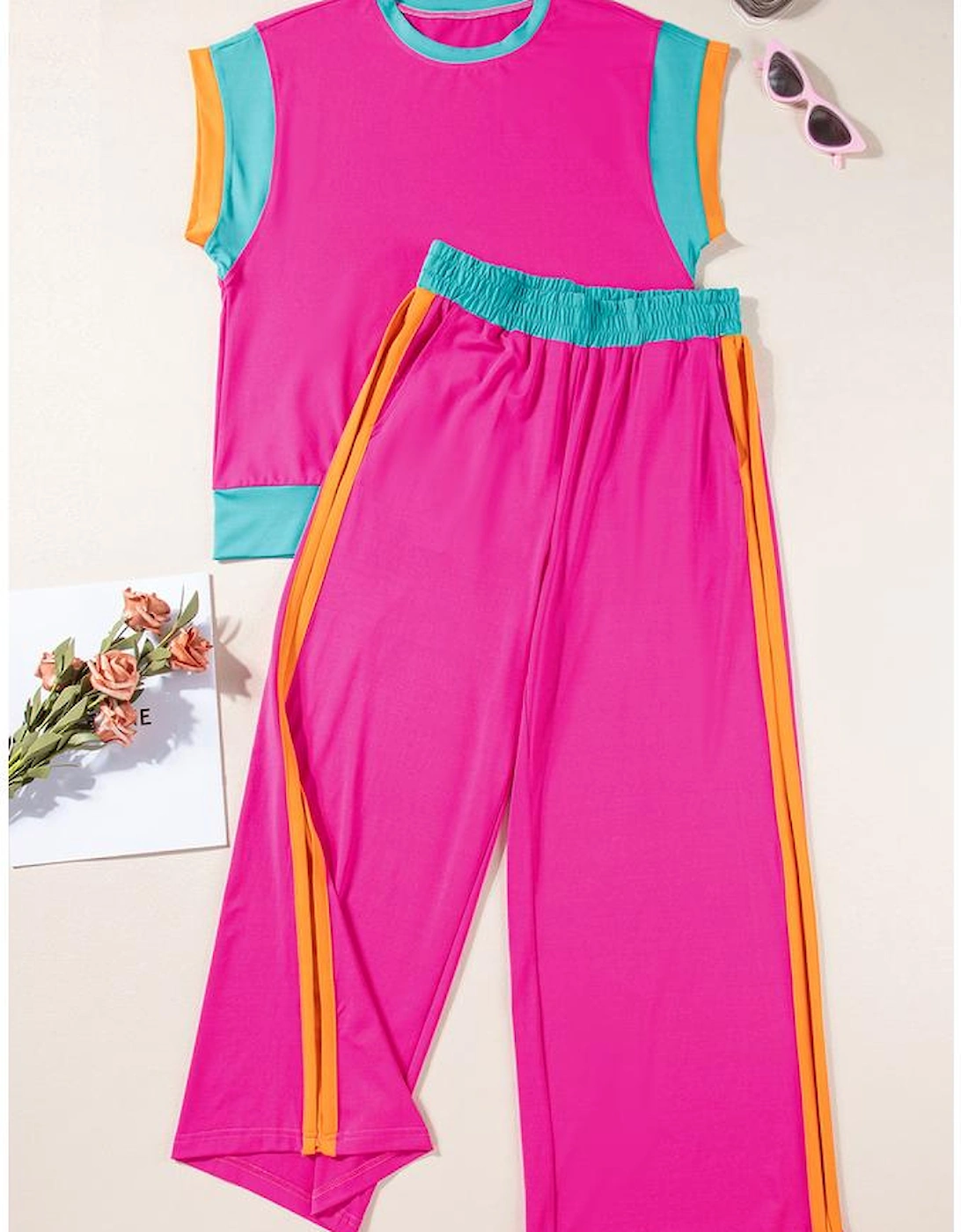 Strawberry Pink Color Block Detail Casual Two-piece Set