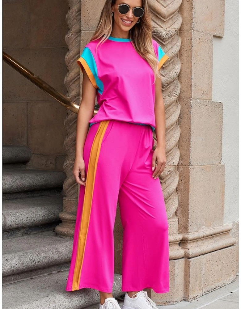 Strawberry Pink Color Block Detail Casual Two-piece Set