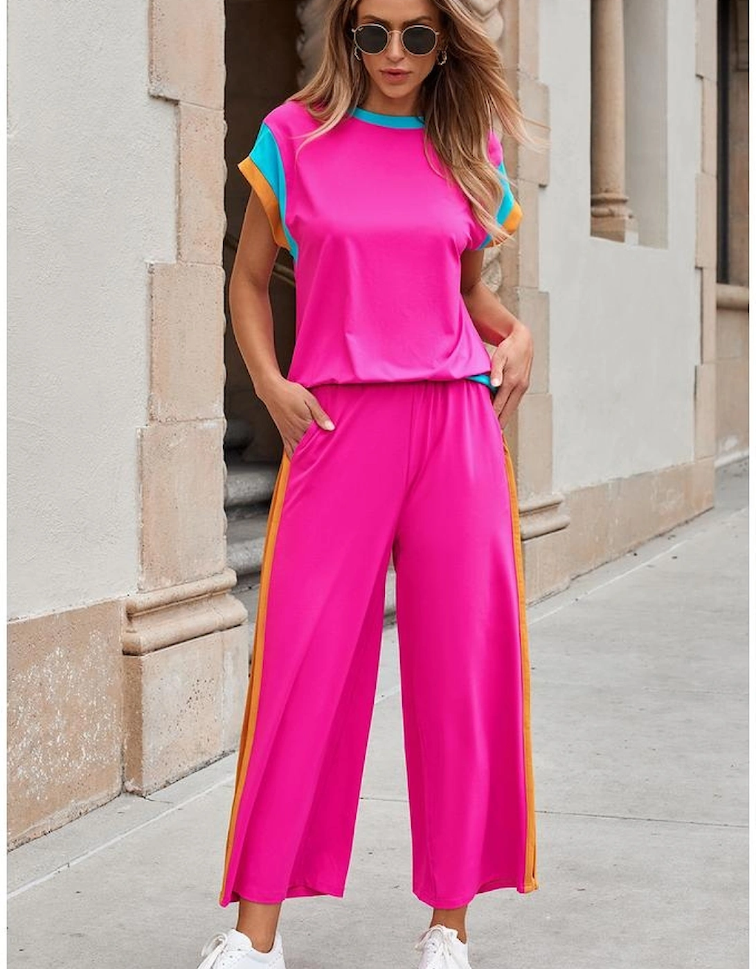 Strawberry Pink Color Block Detail Casual Two-piece Set