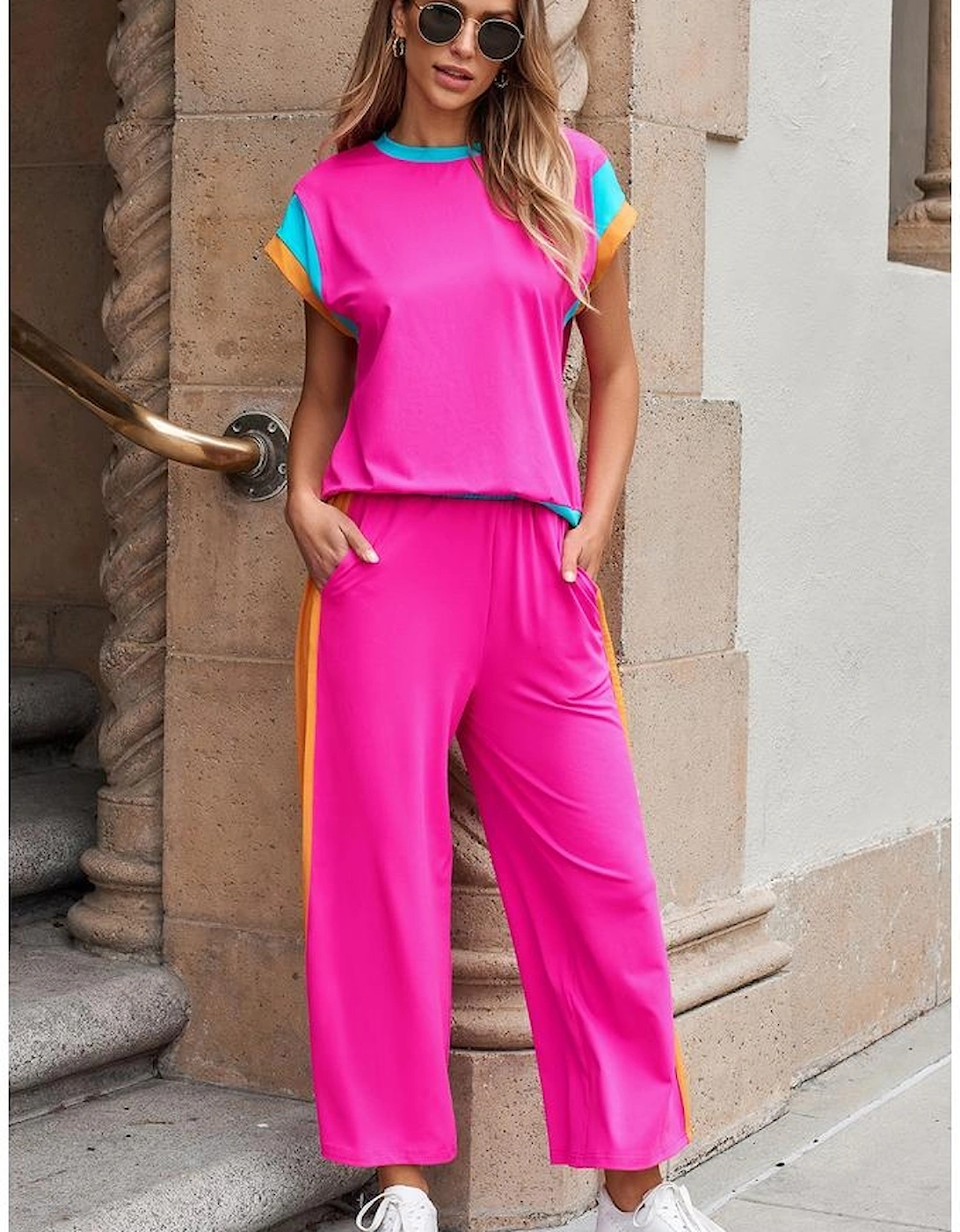 Strawberry Pink Color Block Detail Casual Two-piece Set