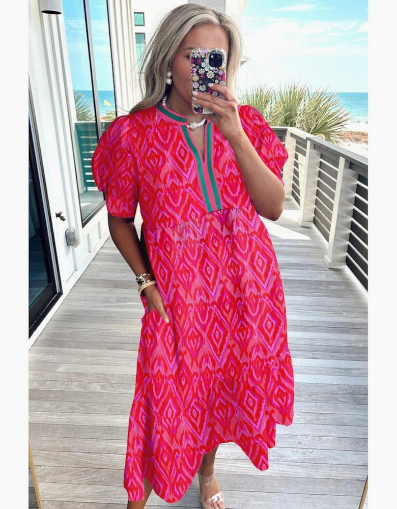 Red Allover Print Contrast Split Neckline Short Puff Sleeve Curvy Dress