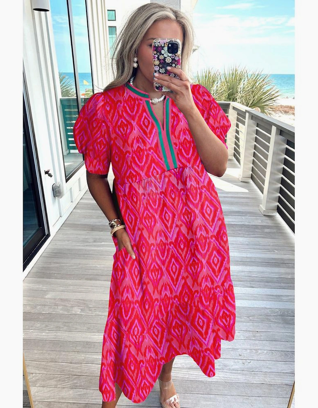 Red Allover Print Contrast Split Neckline Short Puff Sleeve Curvy Dress, 3 of 2