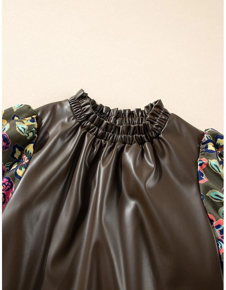 Four Leaf Clover Floral Bubble Sleeve Patchwork Leatherette Frilled Round Neck Blouse