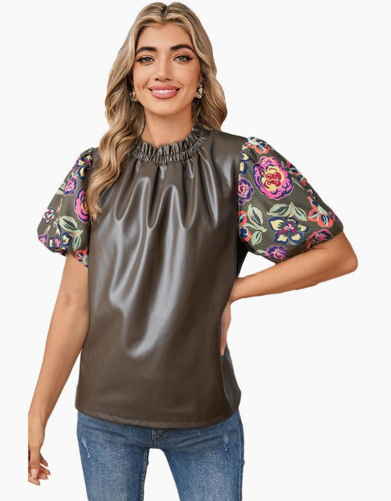 Four Leaf Clover Floral Bubble Sleeve Patchwork Leatherette Frilled Round Neck Blouse