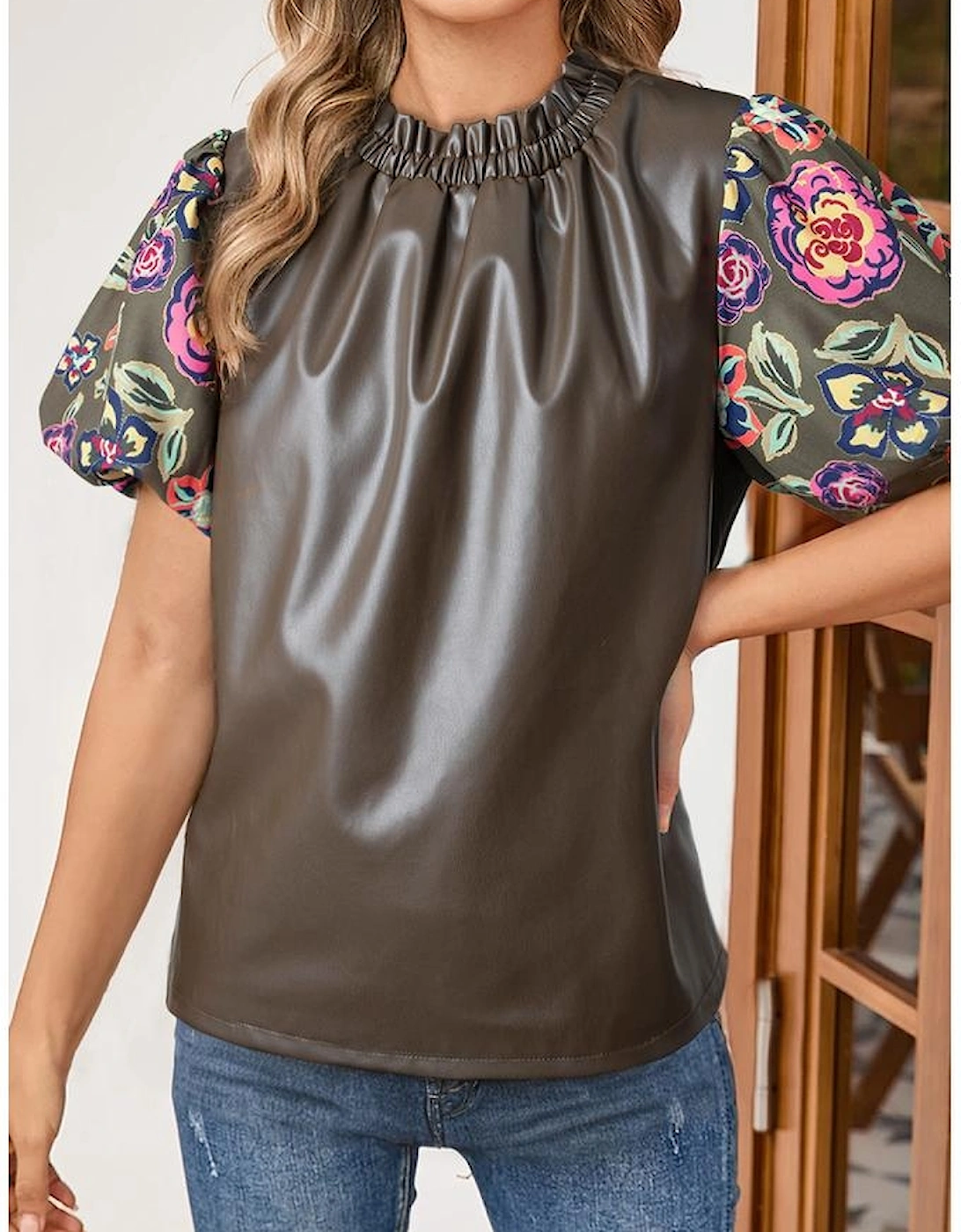 Four Leaf Clover Floral Bubble Sleeve Patchwork Leatherette Frilled Round Neck Blouse