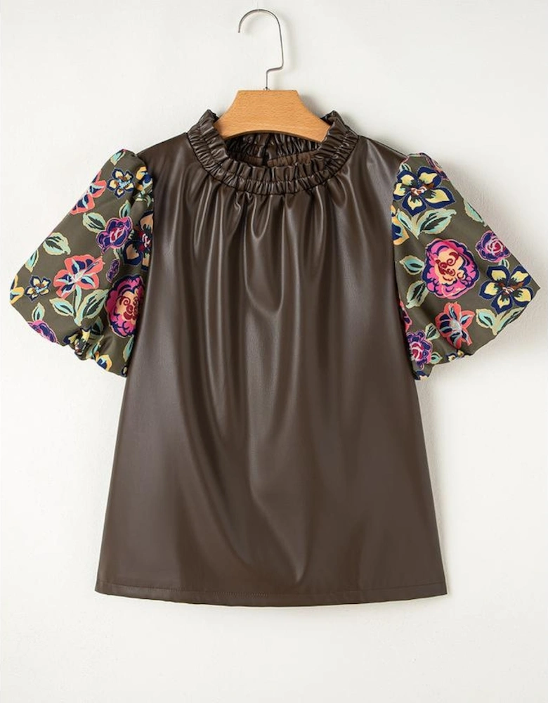 Four Leaf Clover Floral Bubble Sleeve Patchwork Leatherette Frilled Round Neck Blouse