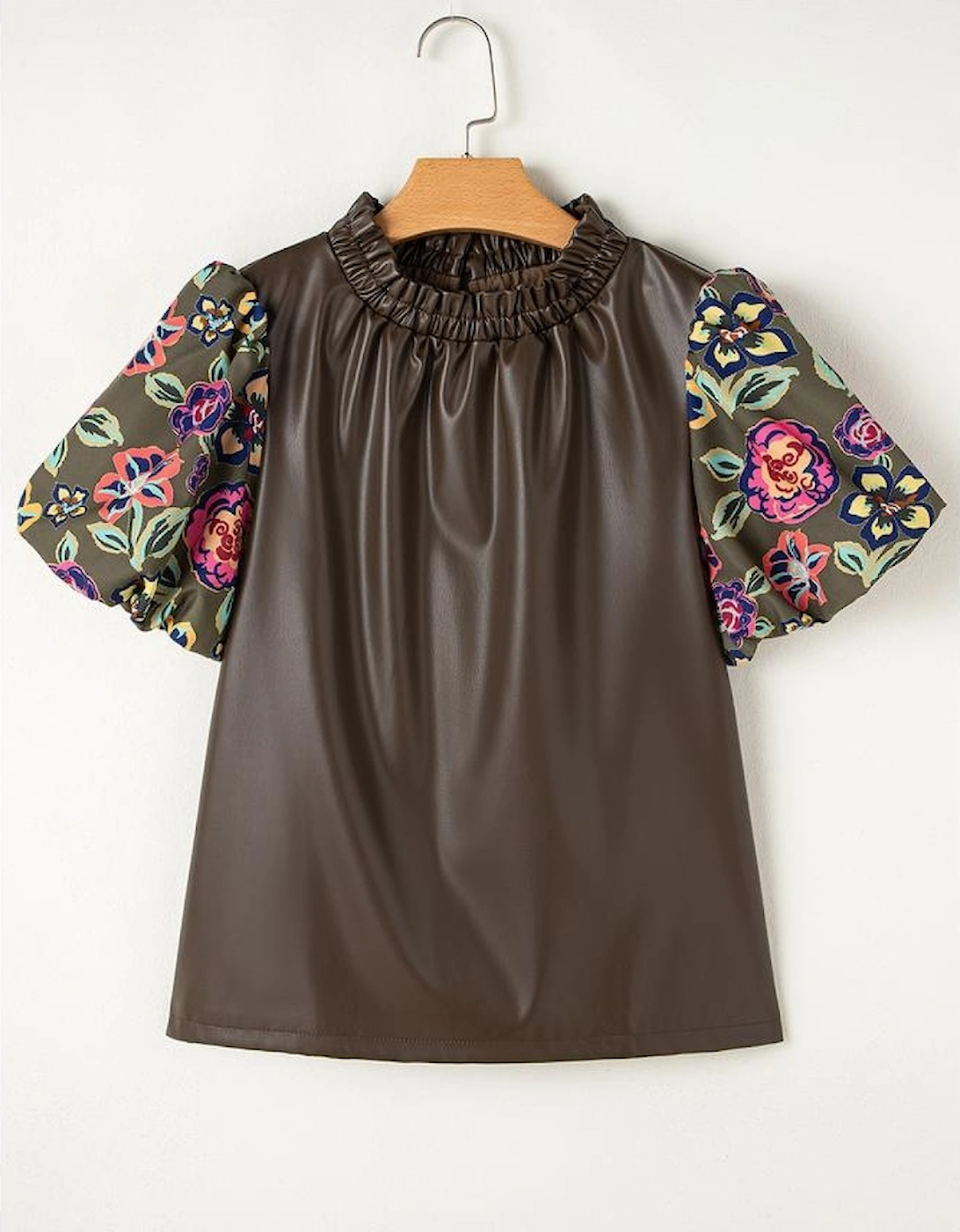 Four Leaf Clover Floral Bubble Sleeve Patchwork Leatherette Frilled Round Neck Blouse