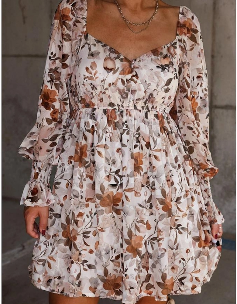 White Floral Print Sweetheart Neck Long Sleeve High Waist Mini Dress
