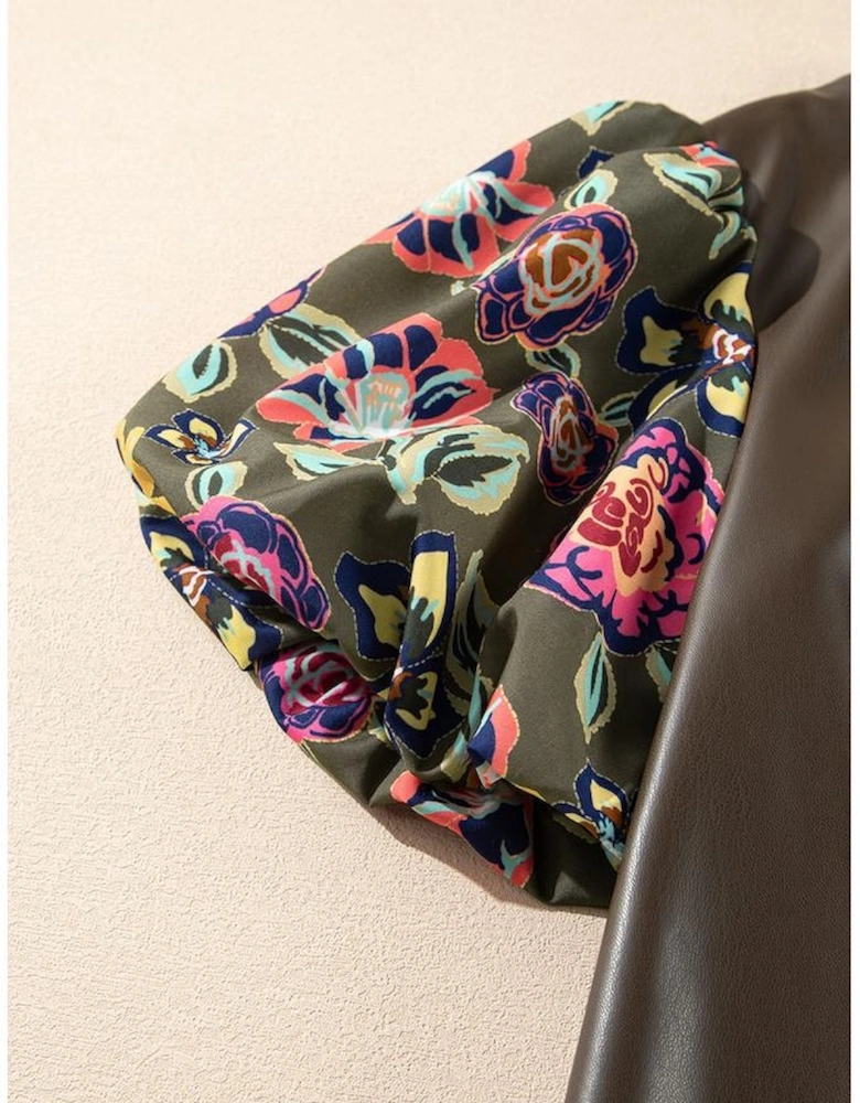 Four Leaf Clover Floral Bubble Sleeve Patchwork Leatherette Frilled Round Neck Blouse