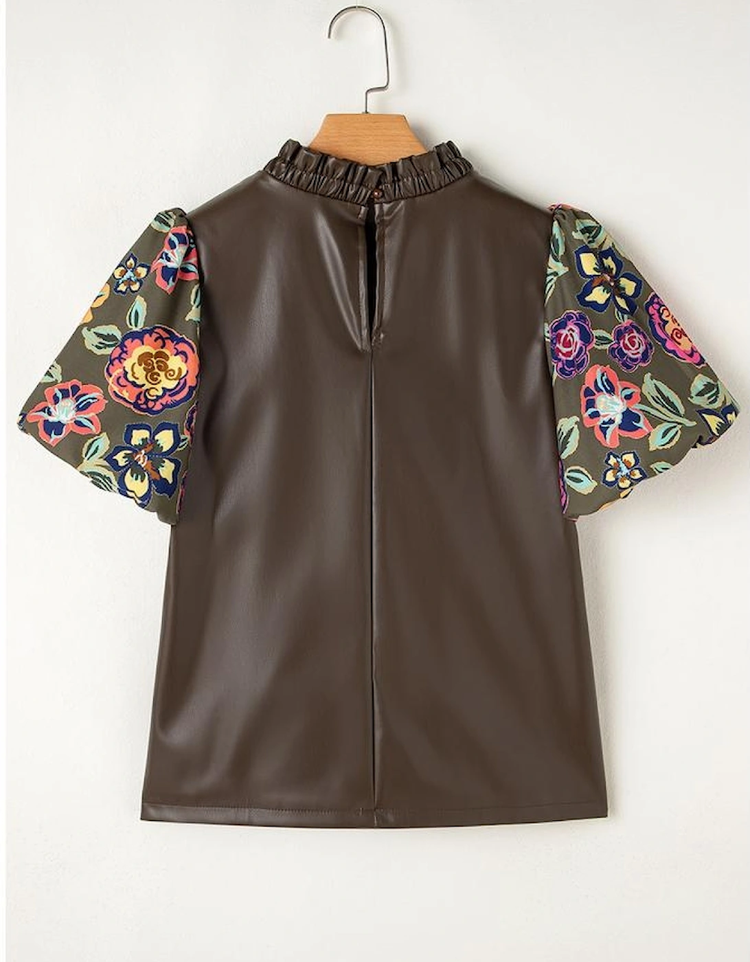Four Leaf Clover Floral Bubble Sleeve Patchwork Leatherette Frilled Round Neck Blouse