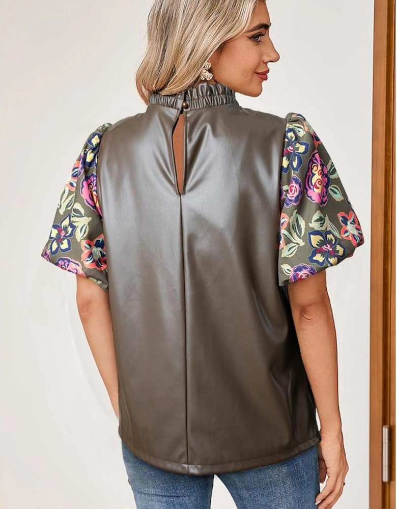 Four Leaf Clover Floral Bubble Sleeve Patchwork Leatherette Frilled Round Neck Blouse